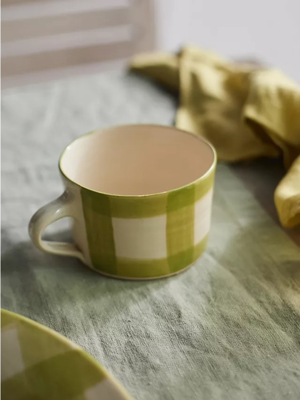 Anthropologie Terrain Green and Cream Gingham Checked Ceramic Mug